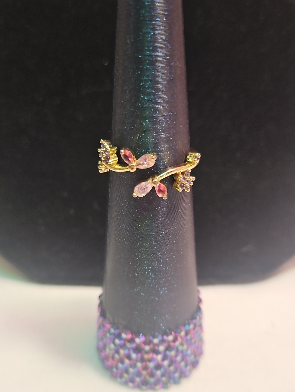 Delicate Gold Leaf Pink Crystal Open Ring